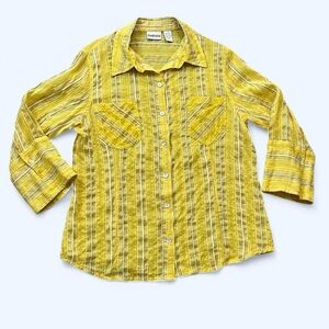 Chico’s 1 Medium Yellow Black White Linen Silk Cotton Button Down Blouse Preppy